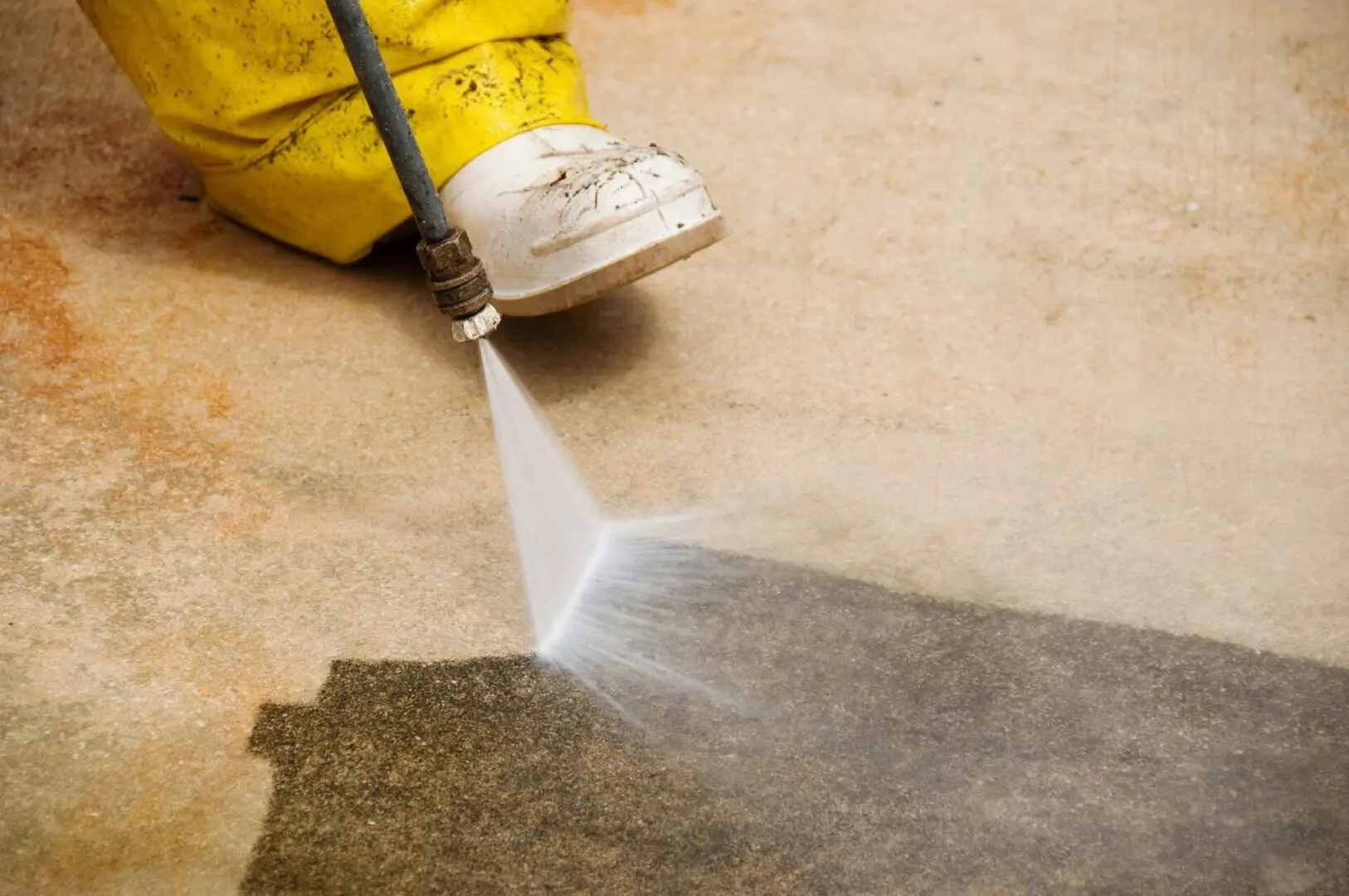 A person using a high pressure washer on the floor.